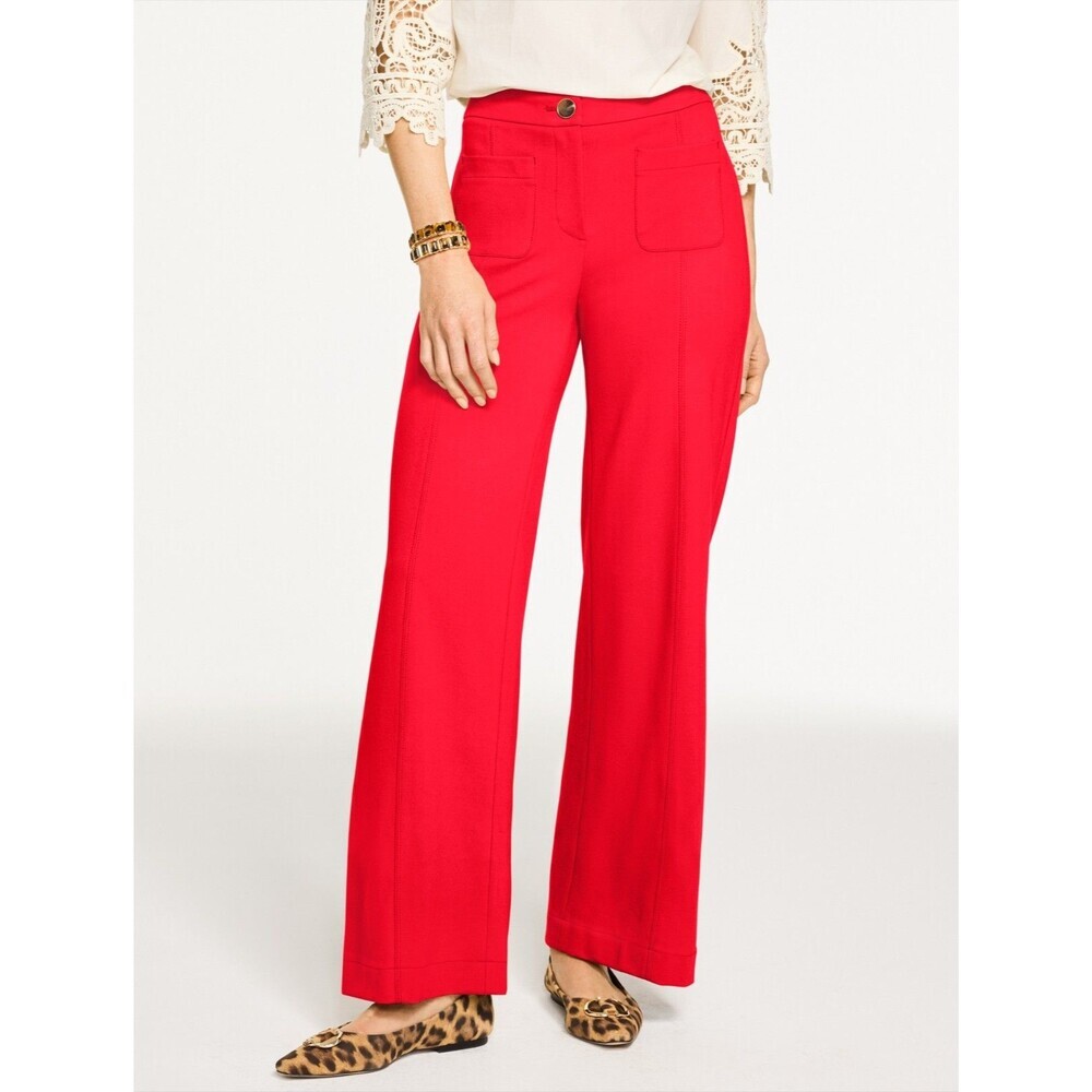 Talbots Women's 8 Wide Leg Ponte Pants Bright Cherry Red Patch Pockets High-Rise